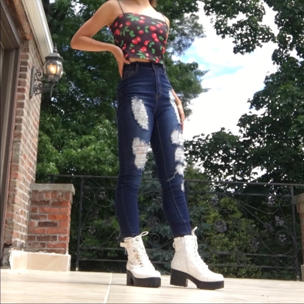 Dark wash distressed jeans